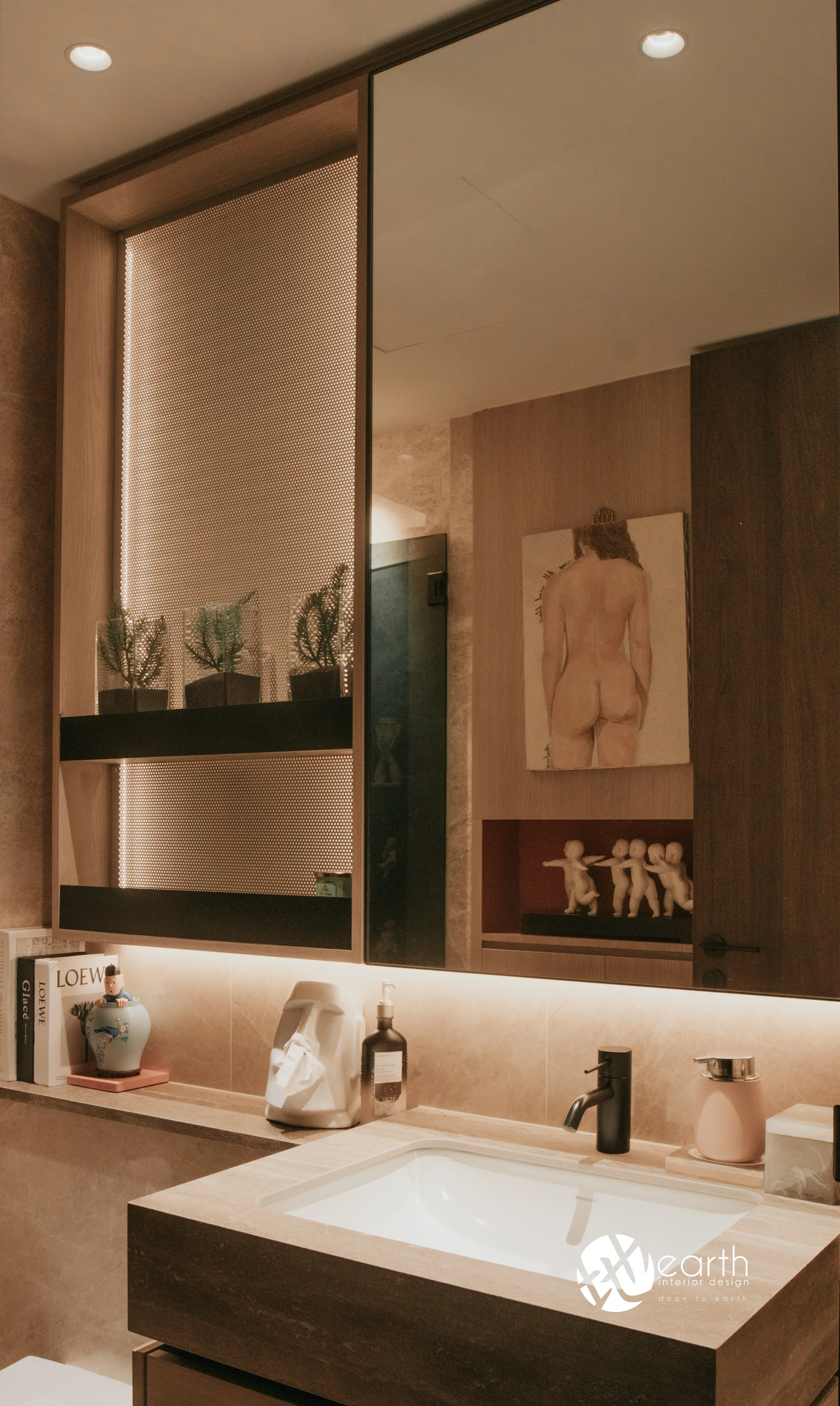 Bathroom vanity with mirror and integrated shelving at Harbour Lux