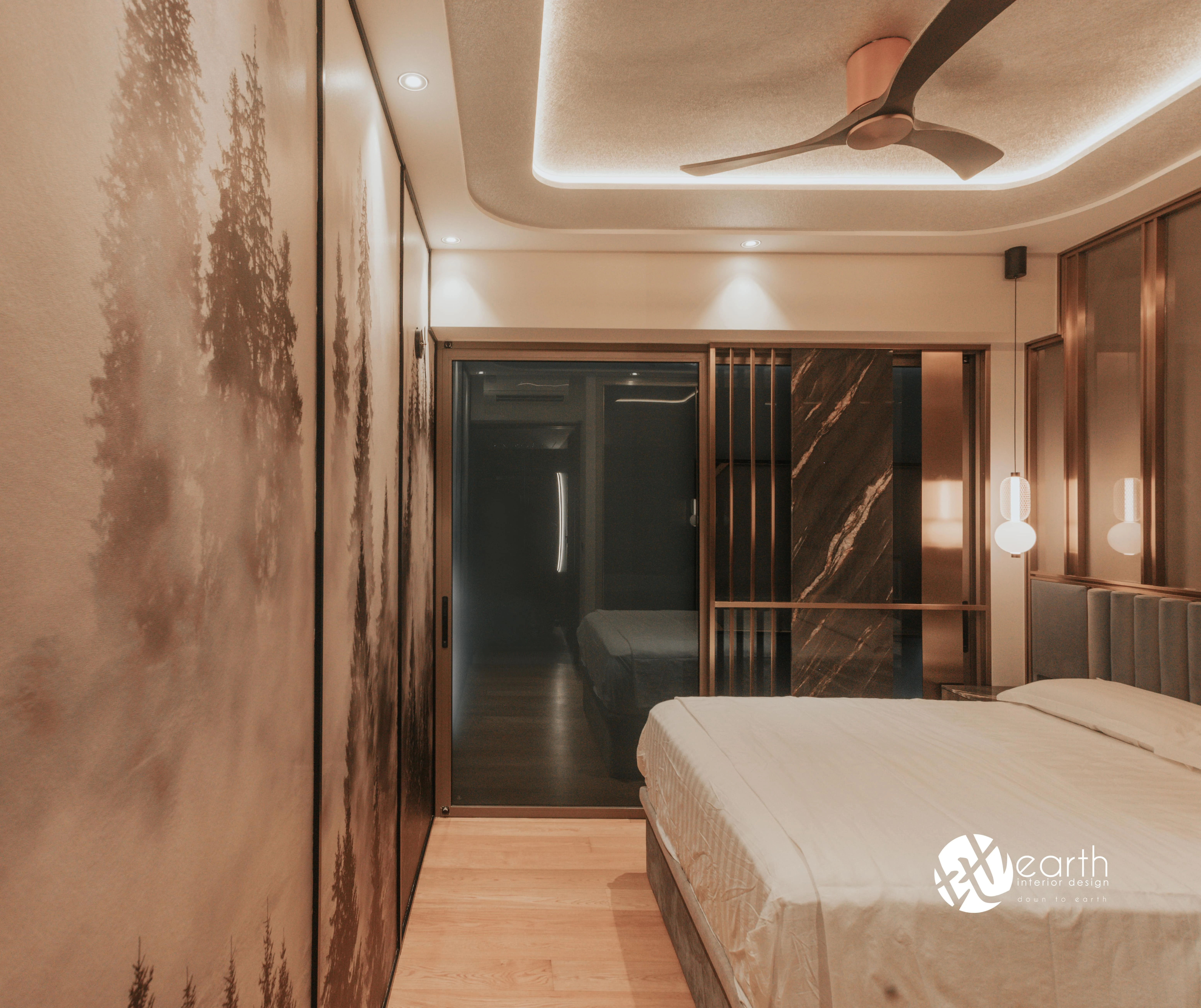 Bedroom with layered curved ceiling at Harbour Lux