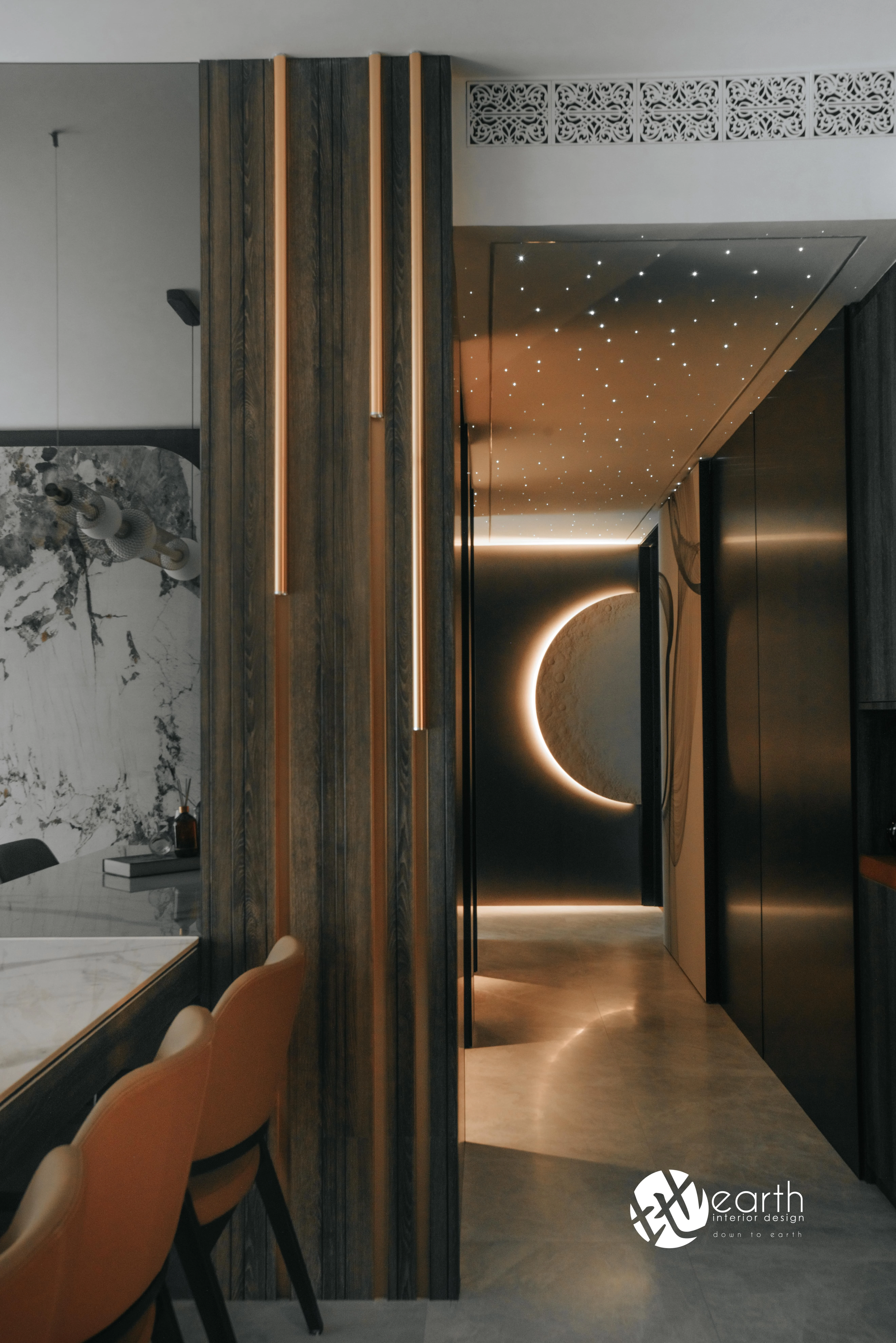 Dark hallway with circular illuminated detail at Harbour Lux