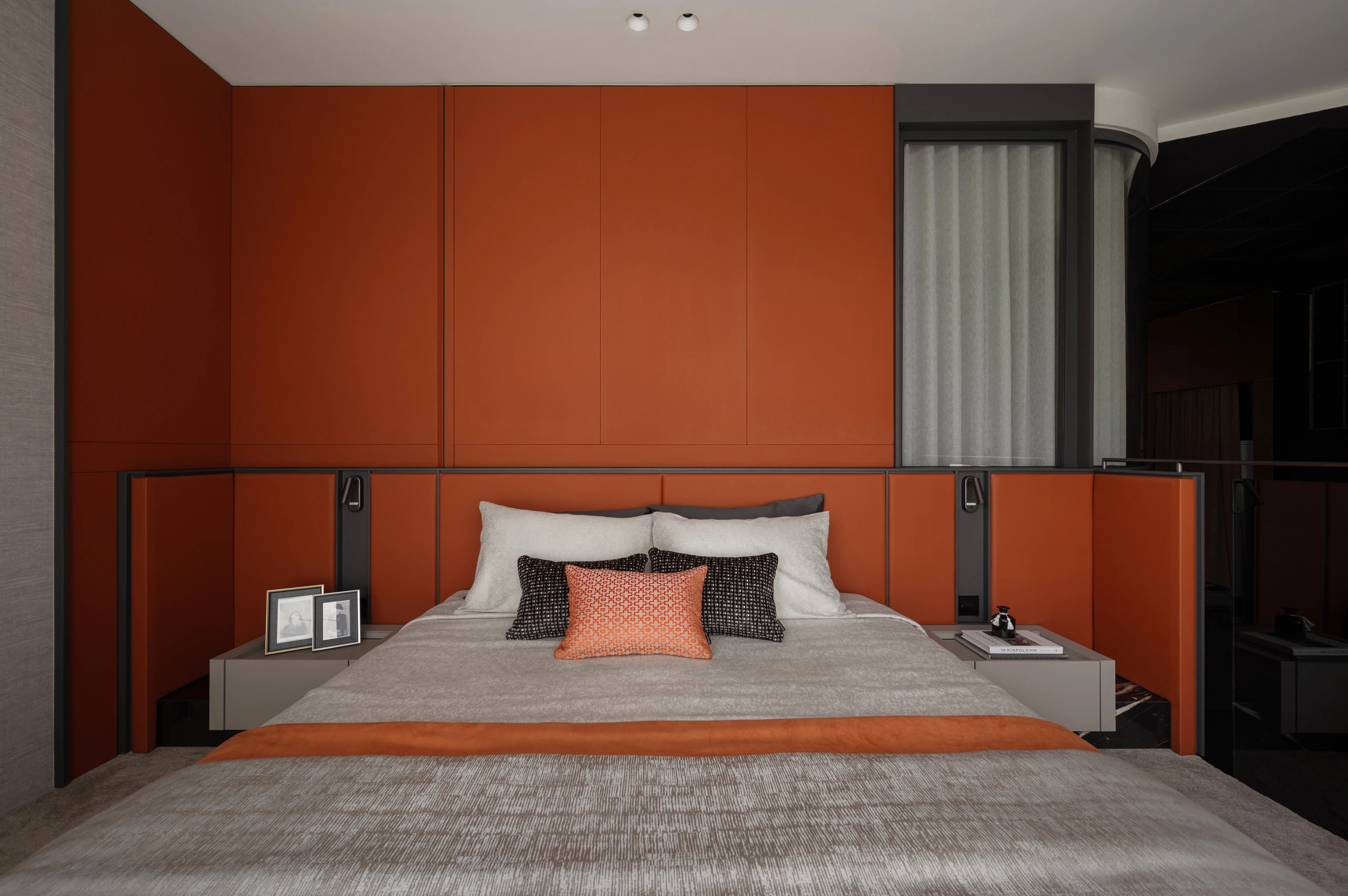 Front view of burnt-orange bedroom headboard by Edgeline Planners