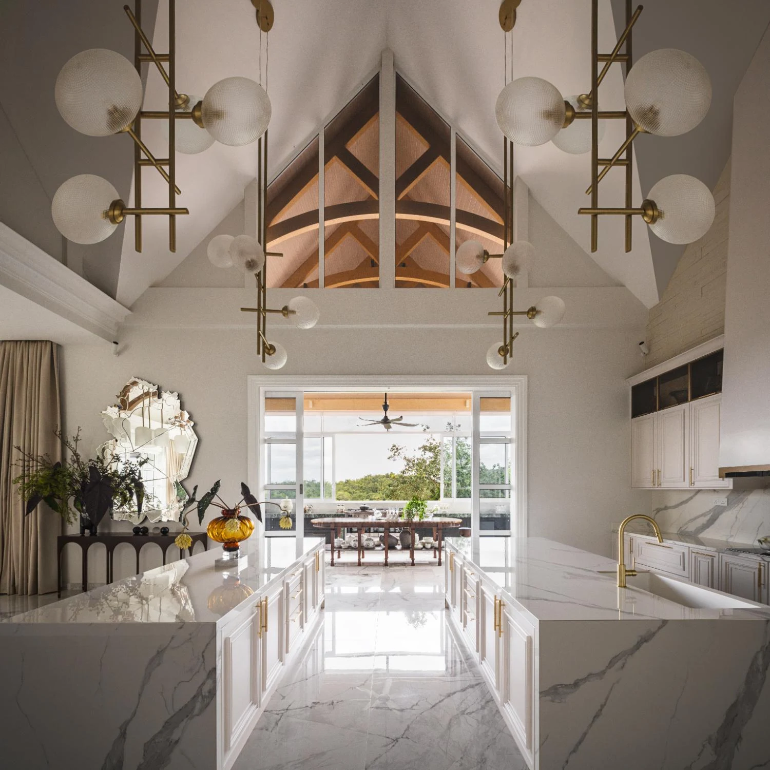 Kitchen opening to the valley view at House on the Peak