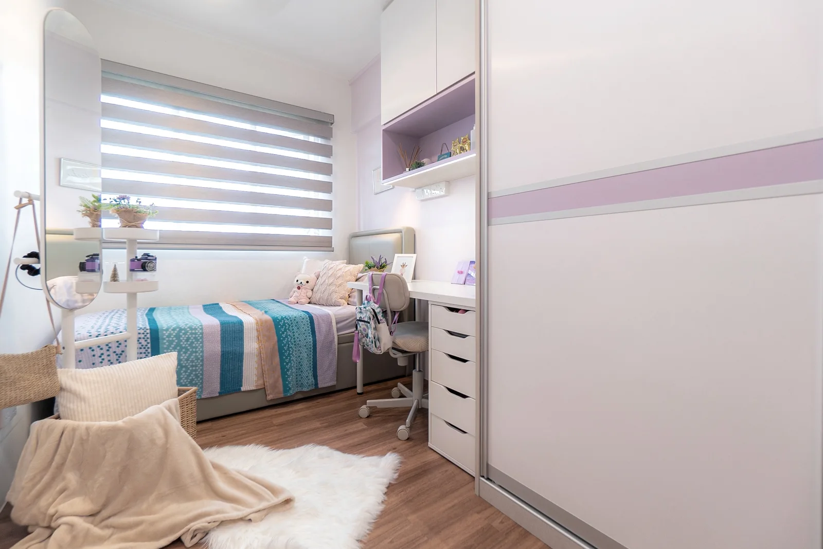 J Concept Designers &mdash; girl's bedroom with lavender accents, wardrobe and desk