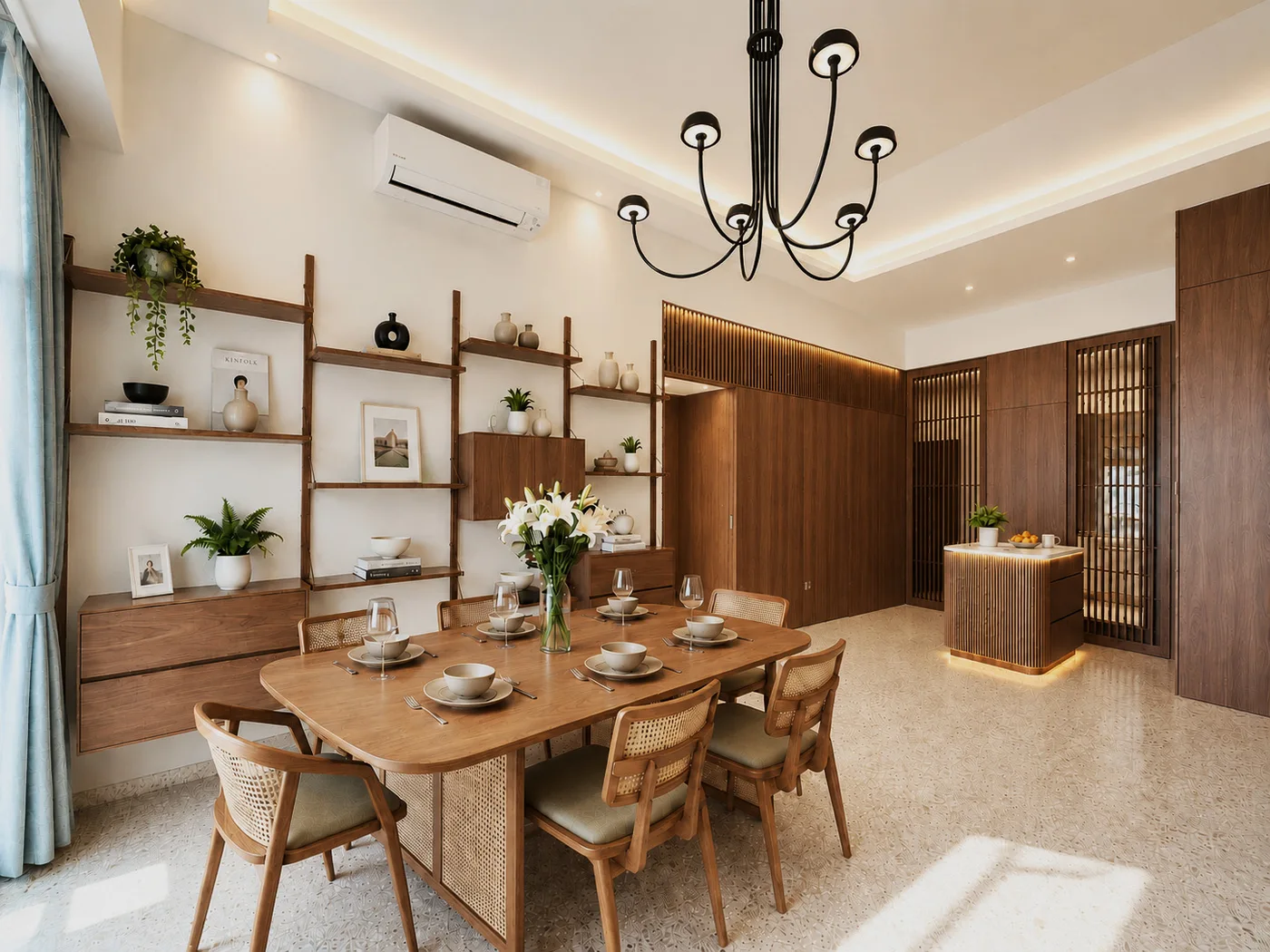 J Concept Designers &mdash; dining area with timber table, woven-back chairs, open shelving and trellis detailing