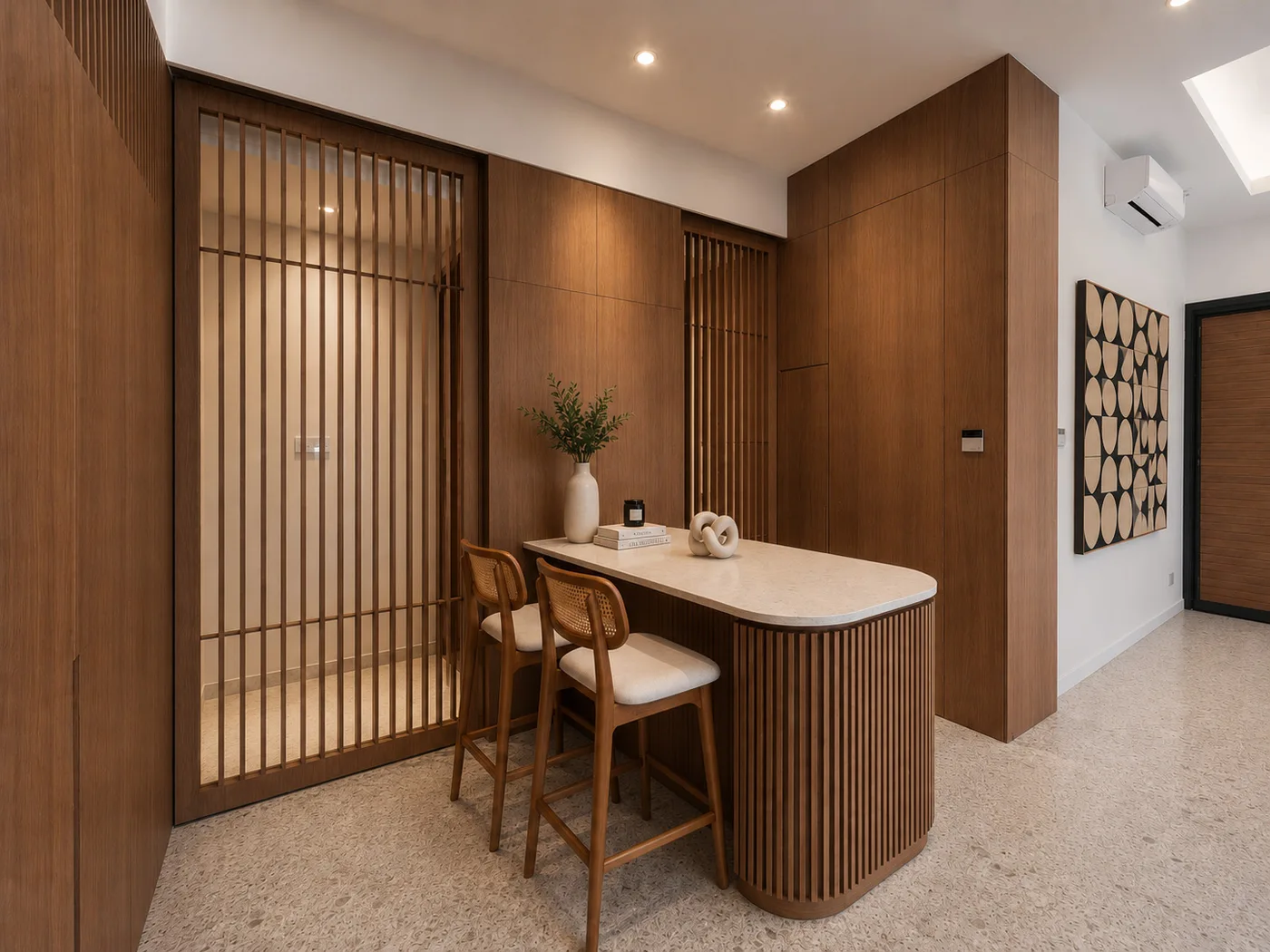 J Concept Designers &mdash; dry kitchen island with fluted base and trellis screen
