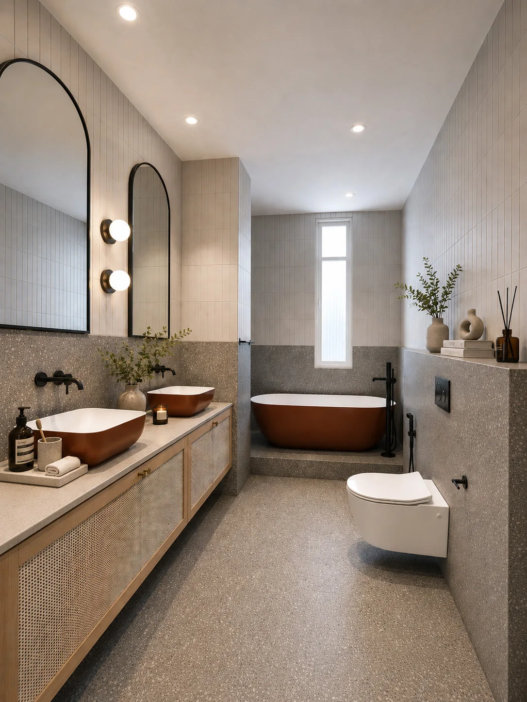 J Concept Designers &mdash; master bathroom with clay Villeroy & Boch tub and woven-look vanity