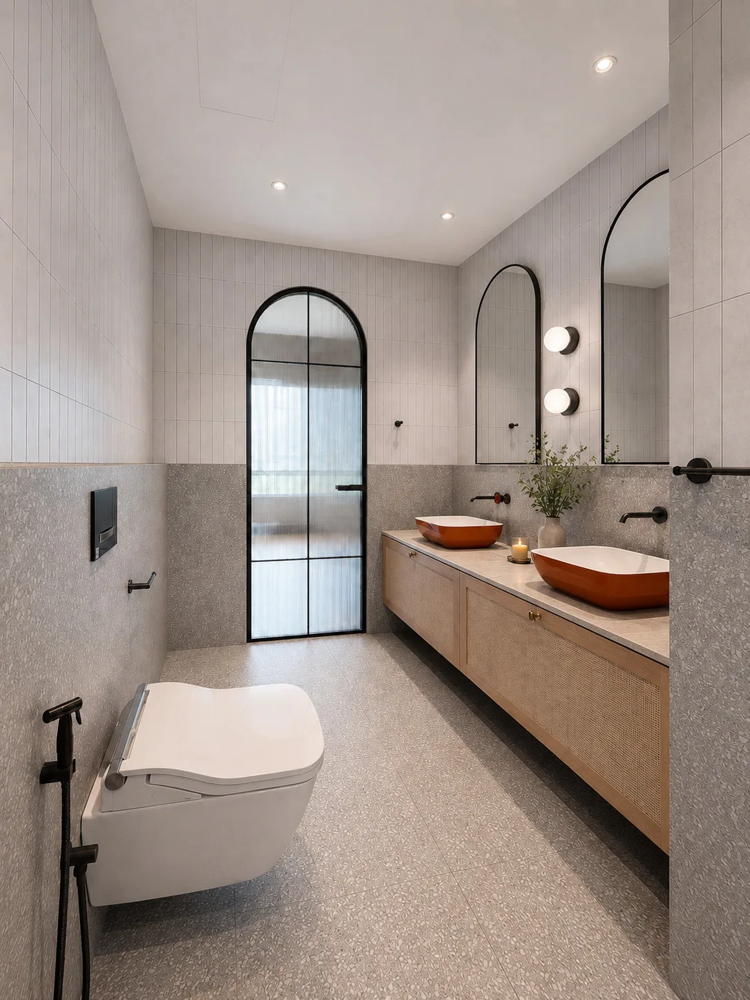 J Concept Designers &mdash; master bathroom vanity with clay basins, arched mirrors and globe lights