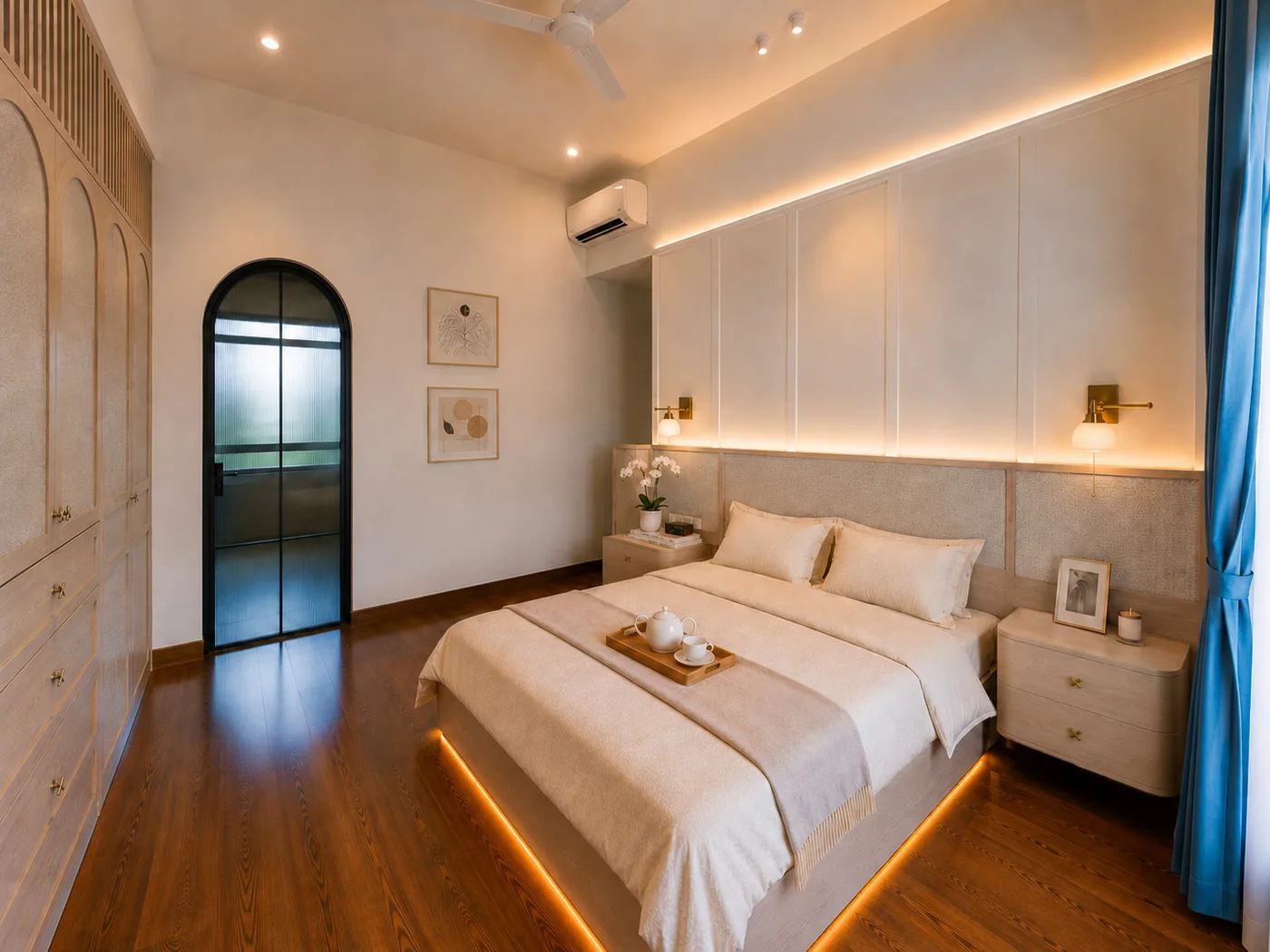J Concept Designers &mdash; master bedroom wide showing arched glass door, wardrobe with woven-look panels and trellis detail