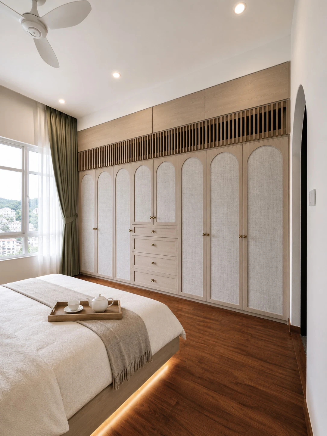 J Concept Designers &mdash; Cavendish Park master bedroom wardrobe with woven-look laminate panels and integrated trellis cat tunnel above