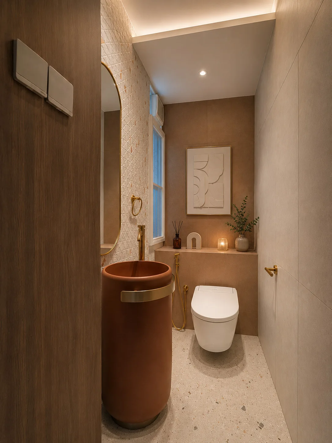 J Concept Designers &mdash; powder room with clay floor-standing basin and patterned wall tiles