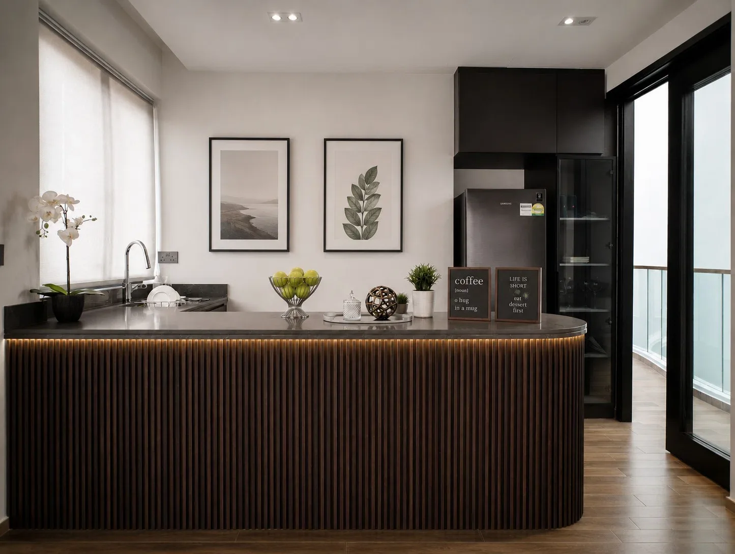 J Concept Designers &mdash; kitchen with fluted timber island and botanical artwork