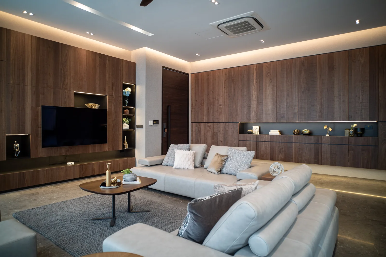 J Concept Designers &mdash; Dunbar Walk landed home living room with dark timber walls