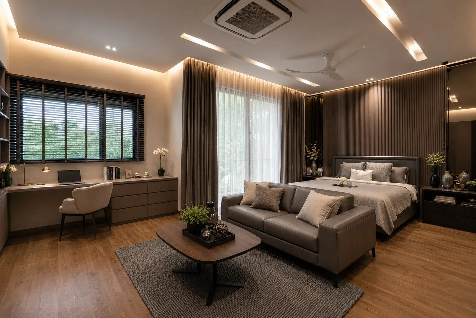 J Concept Designers &mdash; master bedroom wide view with desk nook, sofa, bed and fluted feature wall
