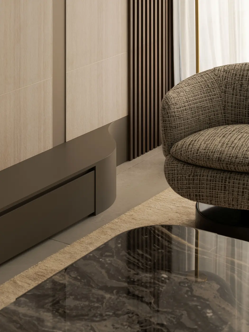 Lounge detail with timber, marble and bronze accents