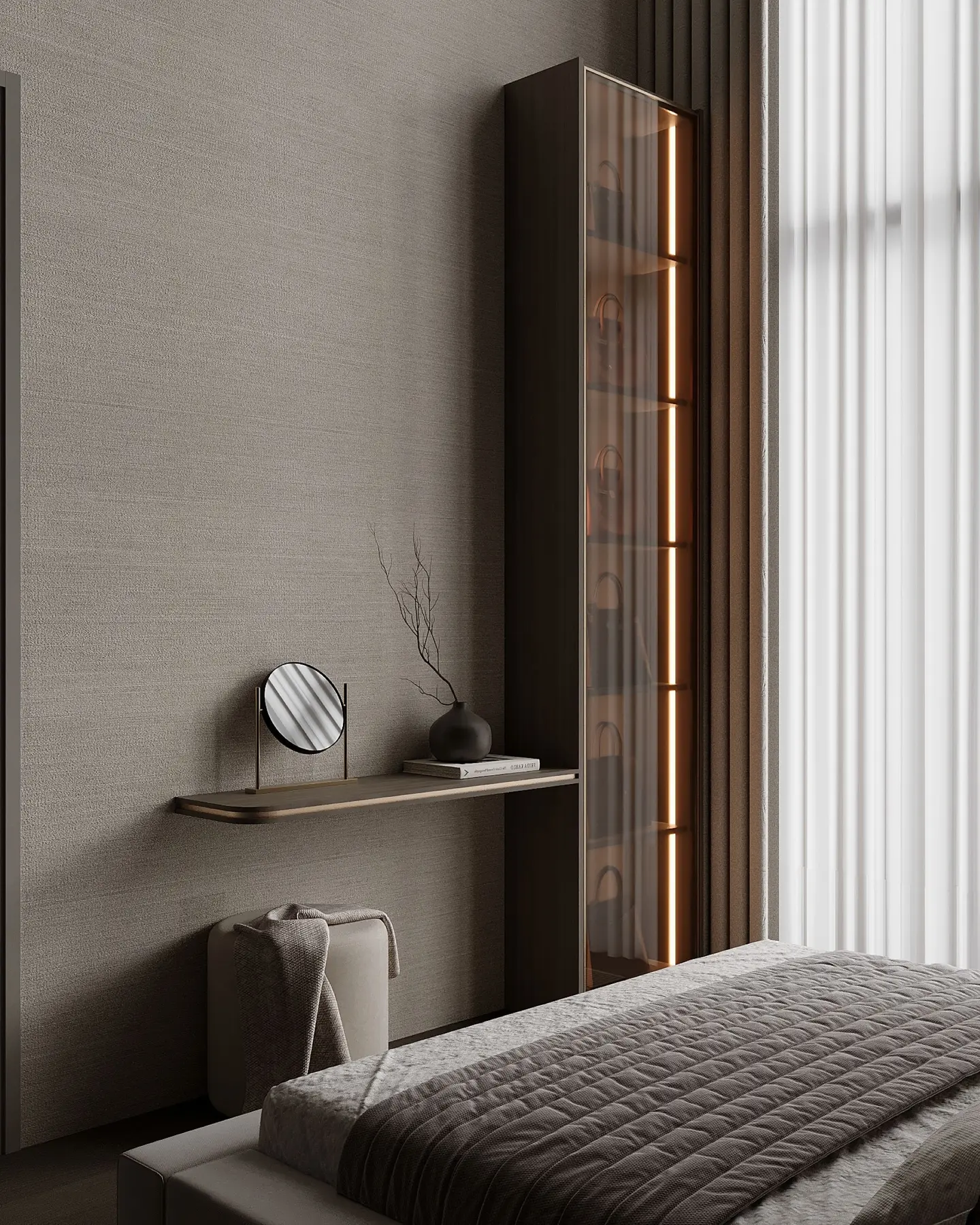 Master bedroom dressing area — floating vanity ledge with round mirror, book and ceramic vase