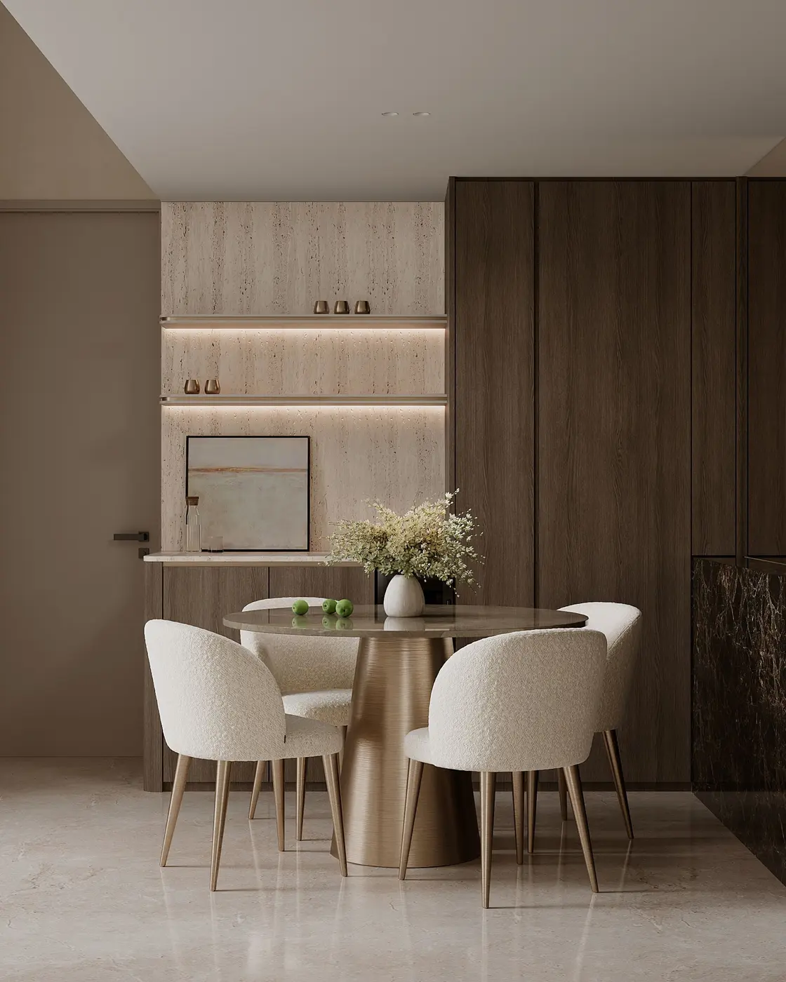 Living area with travertine feature wall and double-volume view