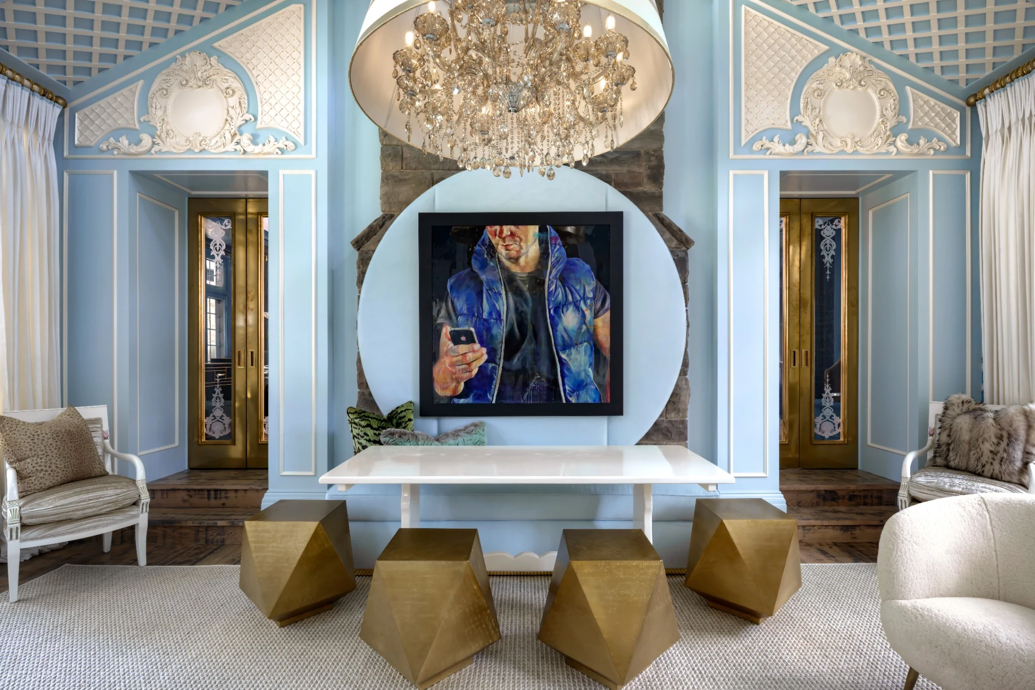 Lori Morris Design &mdash; preserved stone wall framing contemporary artwork with geometric brass stools