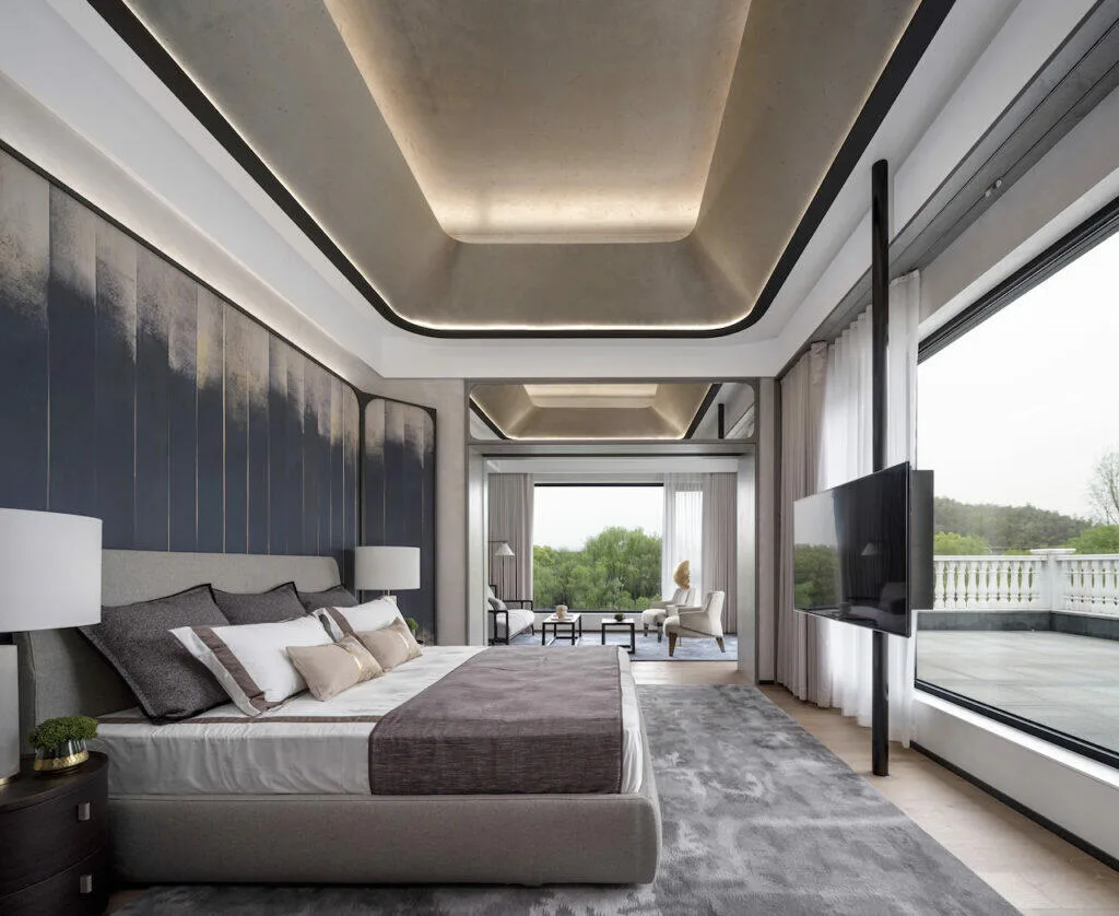 Chains Interior &mdash; velvet and coffered ceiling living room