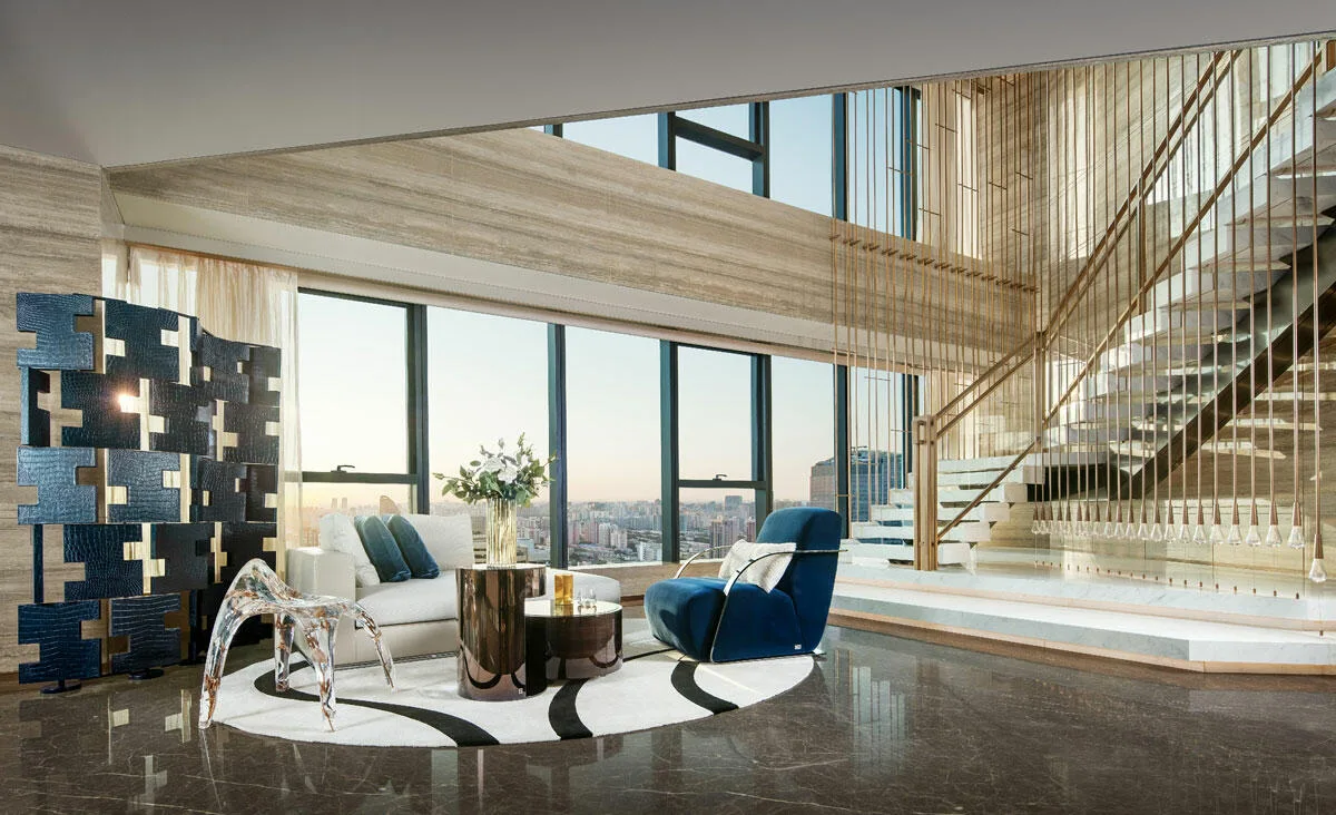 Cheng Chung Design &mdash; golden grill stairwell with glass chair