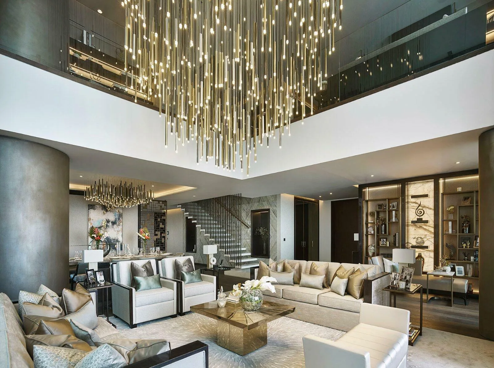 Elicyon luxury loft &mdash; gold and white with raindrop chandelier