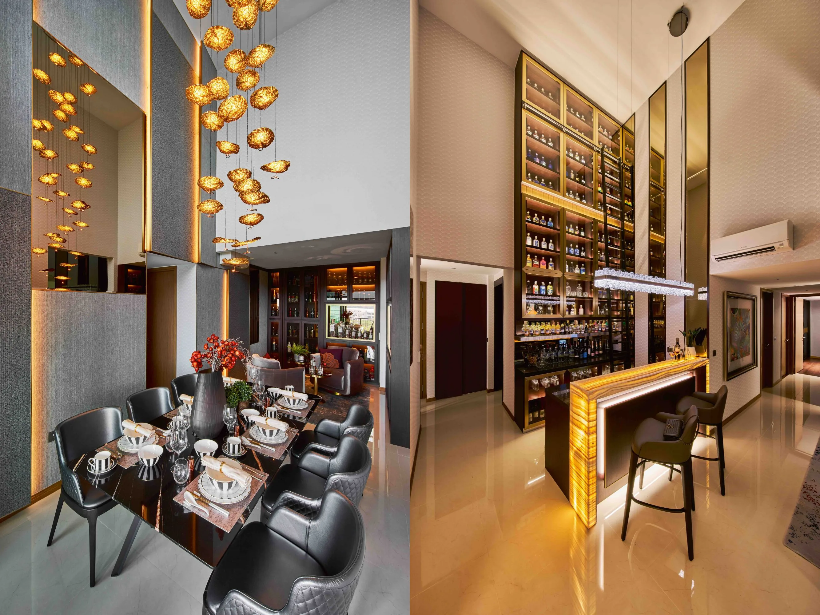 Prestige Global Designs &mdash; gold dining room and bookcase bar