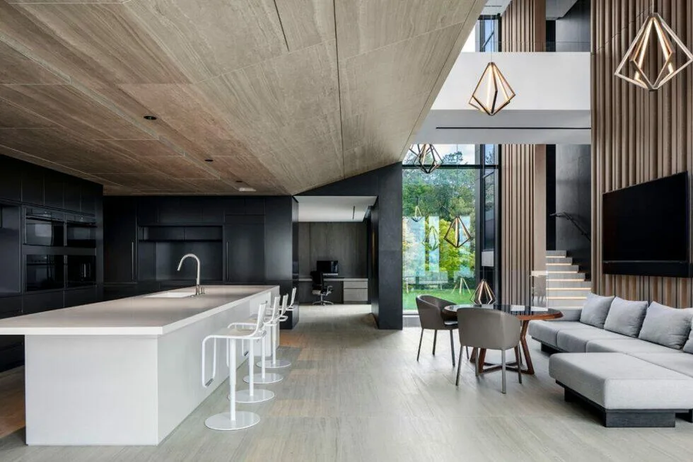 SAOTA kitchen &mdash; black cabinet built-ins with luminous island