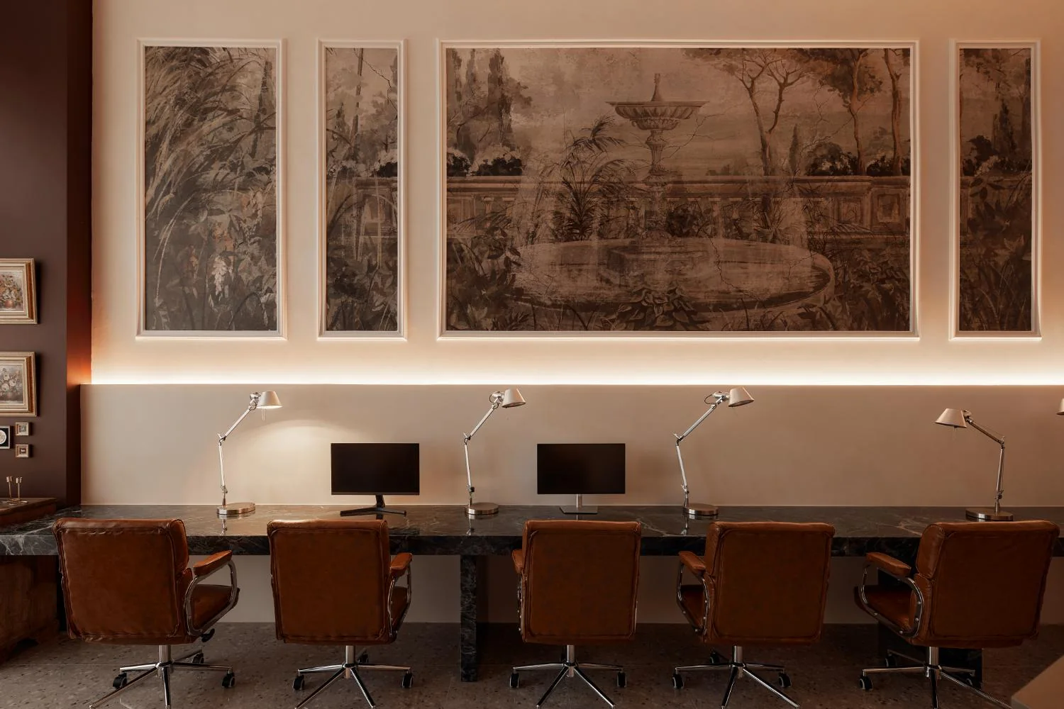 Eight-metre workstation beneath framed garden artwork at RENOSTUD.IO Woods Square