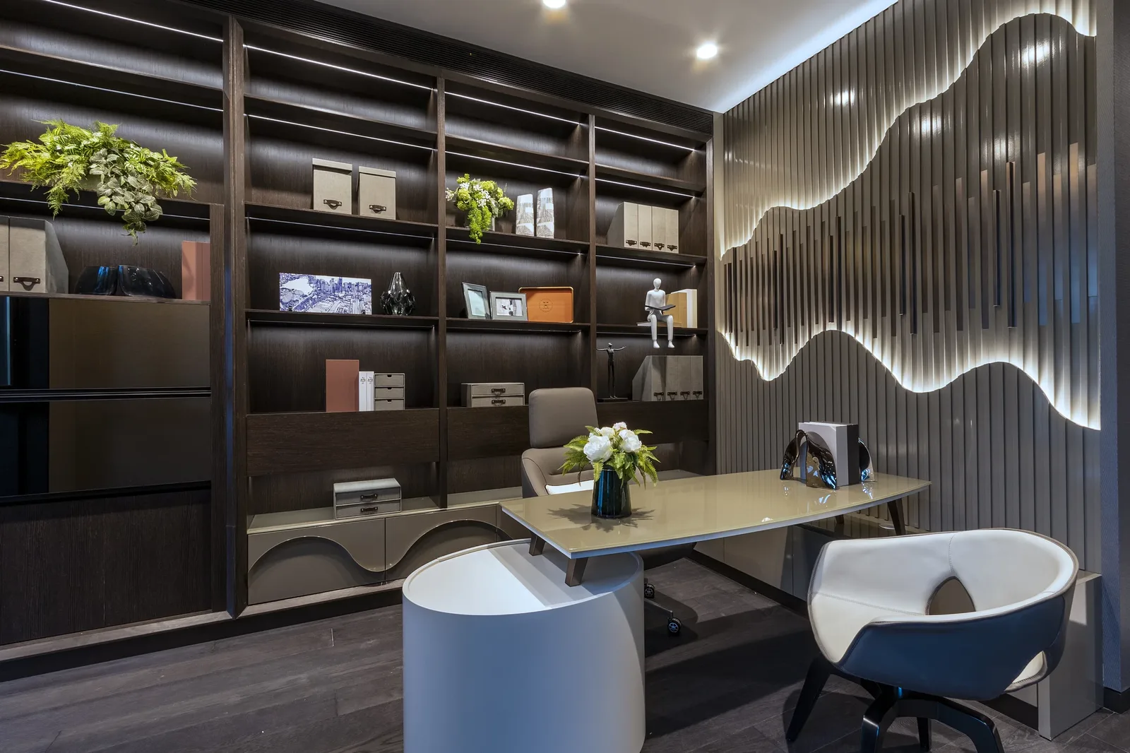 SuMisura &mdash; backlit dark wood shelving in the glass study